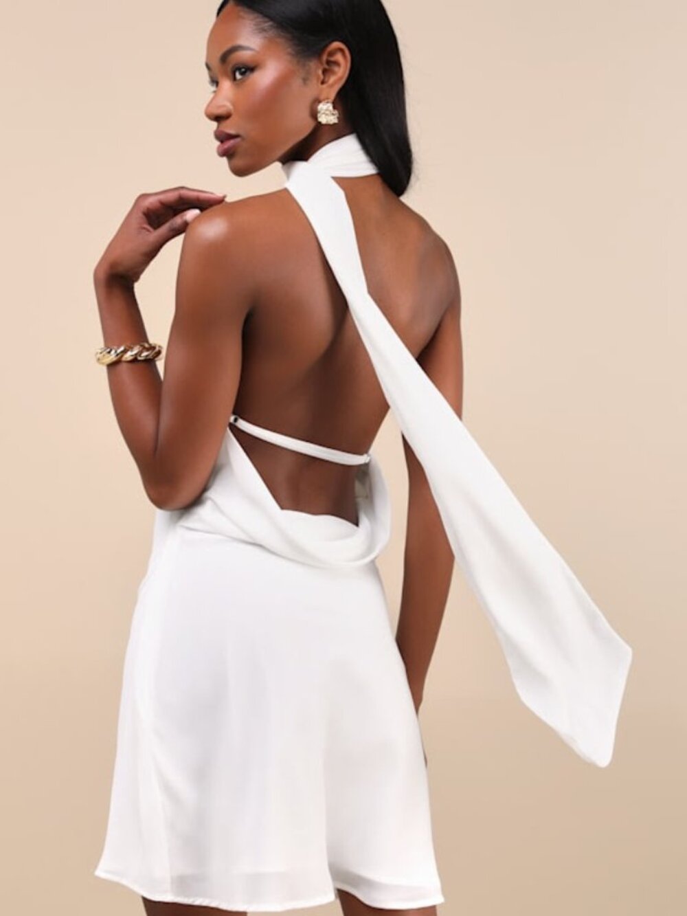 Isloda Ivory One-Shoulder Backless Sash Mini Dress